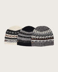 Alpaca beanie in the MH047 pattern, shown in cream, black and heather grey.