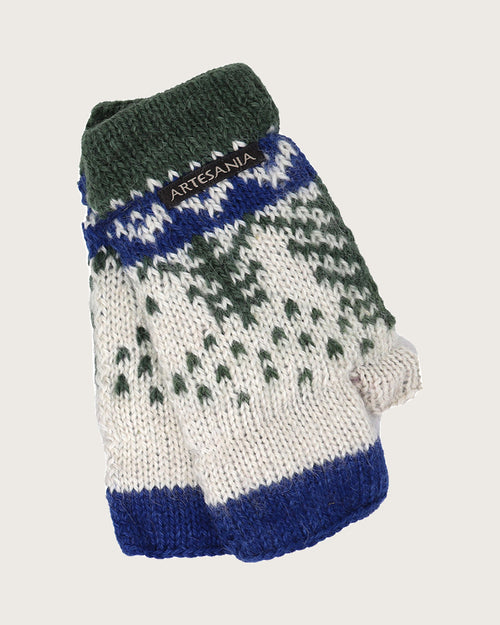 Fingerless alpaca handwarmers in the ST087 pattern, cream with green fir trees and blue trim.