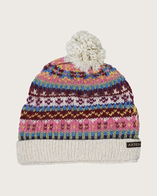 Alpaca bobble hat in the ST100 pattern, cream with pink, blue and burgundy banding.