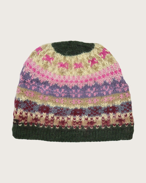 Fair-isle alpaca hat in pink, cream and green